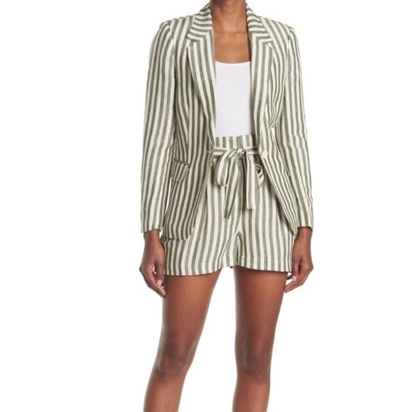L'AGENCE Alex Linen olive/ivory stripe Shorts - Picture 4 of 9